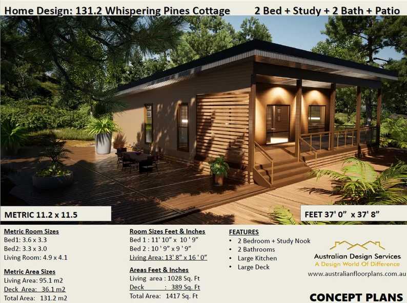 Rustic Granny Flat – 2 Bedroom House Plan Under 1200 Sq Ft