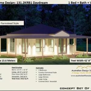 1 Bedroom Farmhouse Ranch House Plan | Small & Tiny Home Design 842 Sq Ft